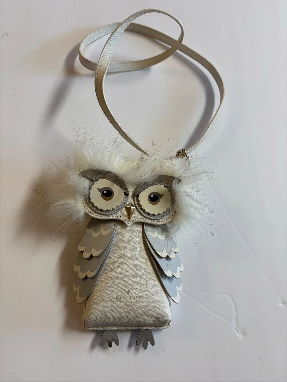 Kate Spade Cream and Gray Owl Crossbody Purse with Fur Trim